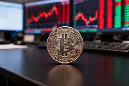 Pièce métallique posée sur un bureau de trading devant des écrans de marché flous