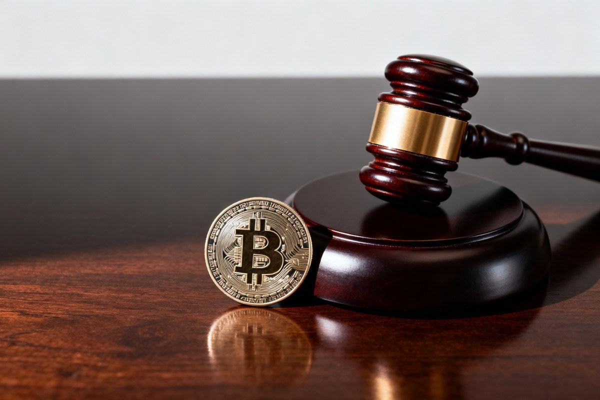 Maillet de juge en bois et pièce dorée gravée du symbole du bitcoin posés sur un bureau sombre