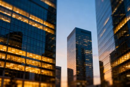 Tours de bureaux vitrées d'un quartier d'affaires éclairées au crépuscule