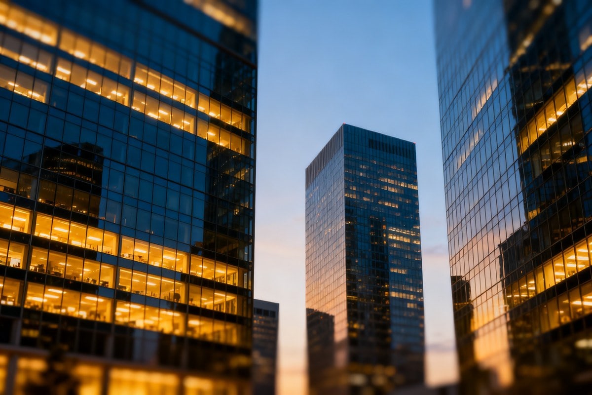 Tours de bureaux vitrées d'un quartier d'affaires éclairées au crépuscule