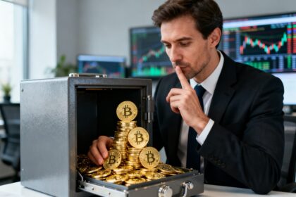 Un homme en costume, un doigt sur les lèvres, empile discrètement des pièces de bitcoin dans un coffre-fort ouvert