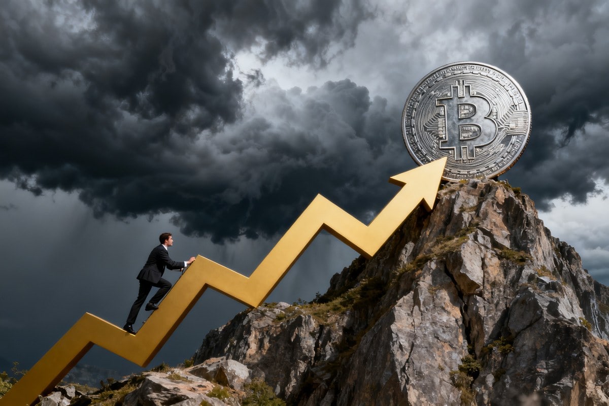 Un homme en costume gravit une flèche dorée ascendante vers une pièce Bitcoin géante sous un ciel d'orage