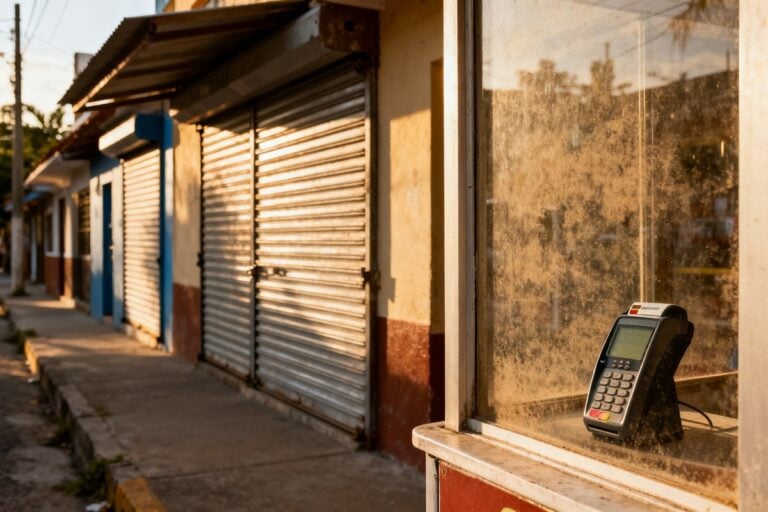 Rue commerçante d'une ville d'Amérique centrale aux boutiques fermées, rideaux métalliques baissés en fin de journée