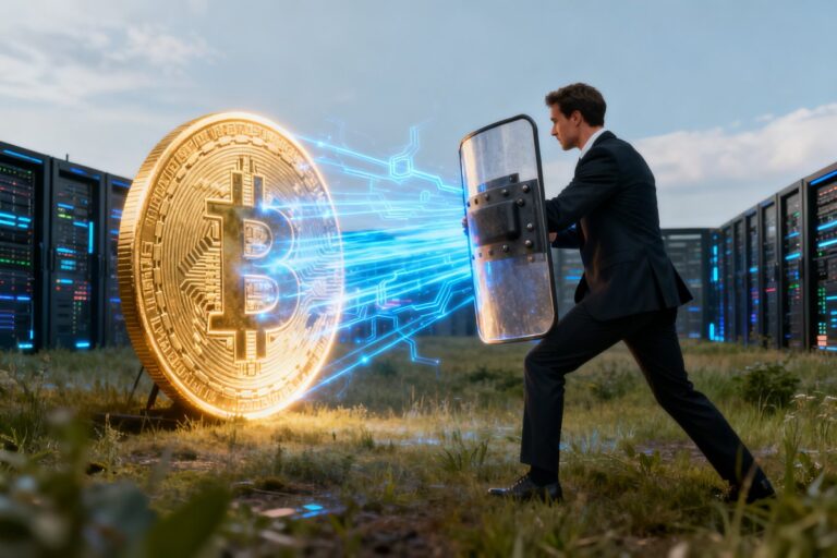 Un homme en costume protège avec un bouclier une pièce Bitcoin géante des faisceaux d'énergie bleus, entre des serveurs