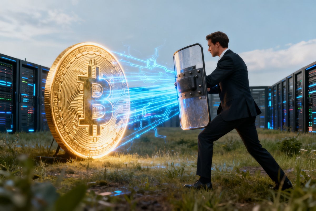 Un homme en costume protège avec un bouclier une pièce Bitcoin géante des faisceaux d'énergie bleus, entre des serveurs