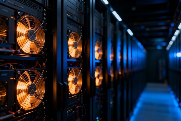 Allée de serveurs informatiques en fonctionnement dans un centre de données sombre