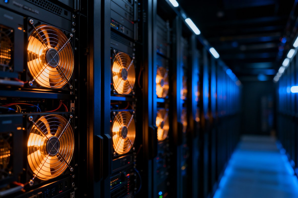 Allée de serveurs informatiques en fonctionnement dans un centre de données sombre