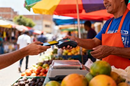 Personne réglant un achat avec son smartphone sans contact sur un étal de marché en ville