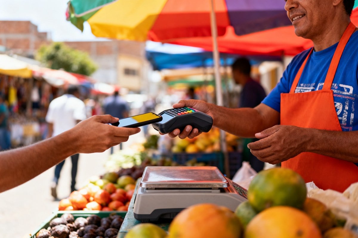 Personne réglant un achat avec son smartphone sans contact sur un étal de marché en ville