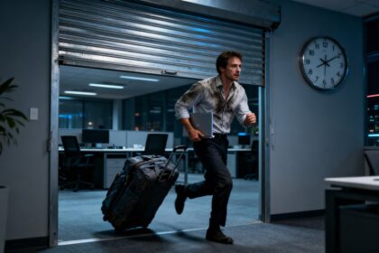 Un homme en chemise froissée court hors d'un bureau vide, ordinateur portable sous le bras et valise à la traîne