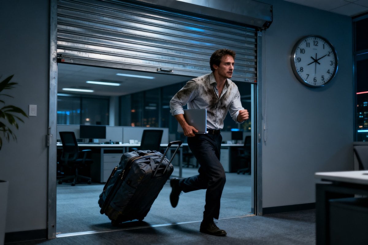 Un homme en chemise froissée court hors d'un bureau vide, ordinateur portable sous le bras et valise à la traîne