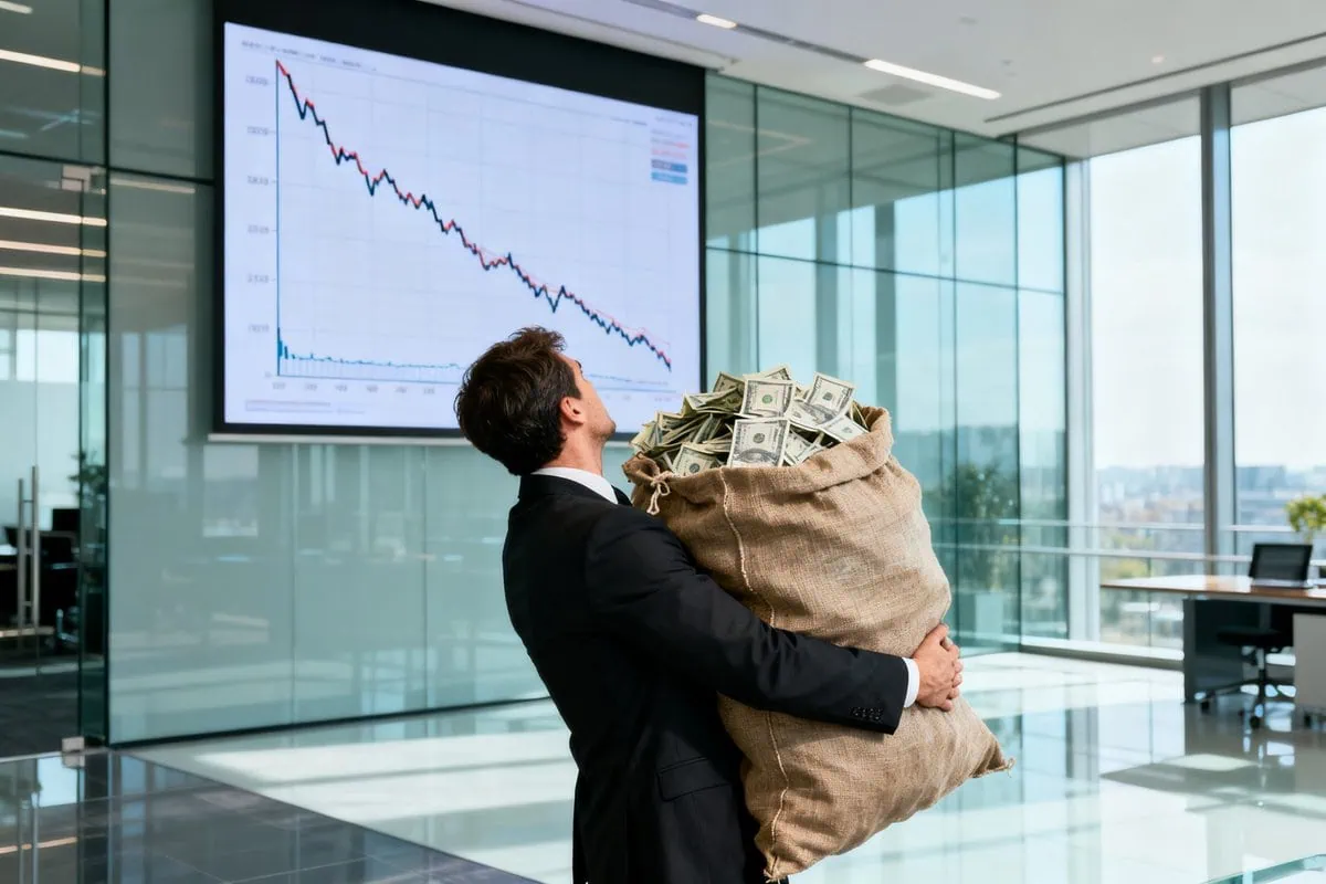 Un gérant en costume serre un énorme sac de billets devant un écran affichant une courbe en chute