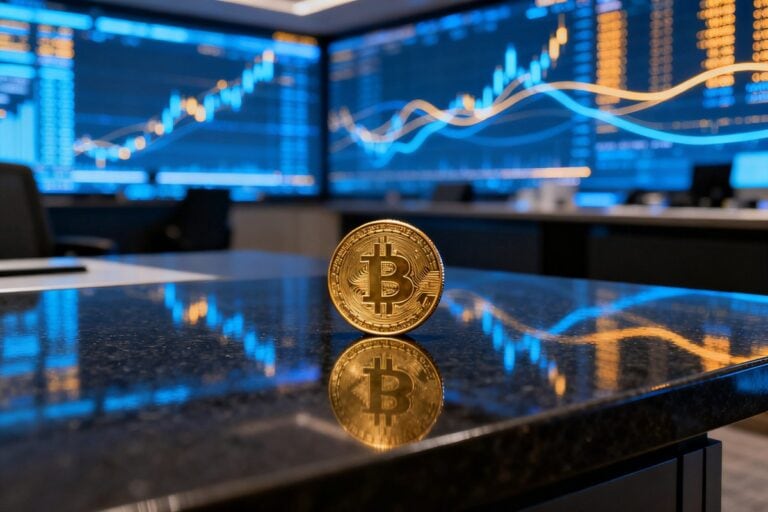 Pièce dorée figurant un bitcoin posée sur un bureau de trading, écrans de cotations bleutés en arrière-plan
