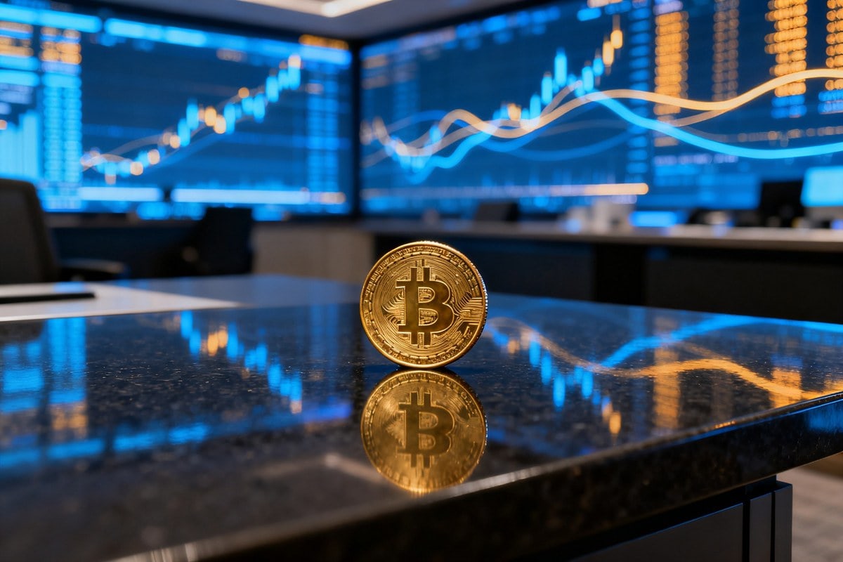 Pièce dorée figurant un bitcoin posée sur un bureau de trading, écrans de cotations bleutés en arrière-plan