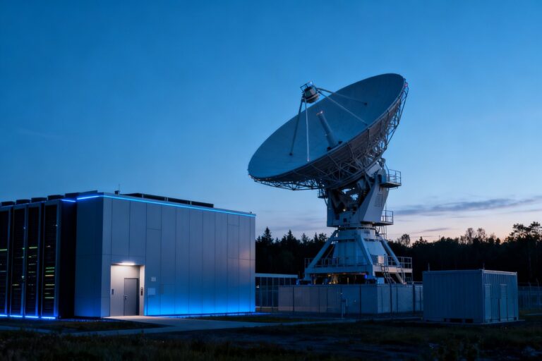 Antenne satellite et centre de données éclairé de bleu au crépuscule