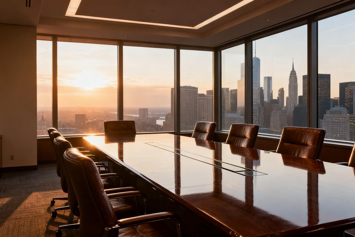 Salle de conseil vide d'une tour de bureaux, baies vitrées ouvertes sur les gratte-ciel au lever du soleil