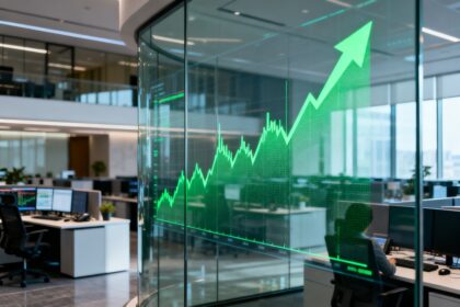 Salle de marché institutionnelle avec de grands écrans montrant des graphiques financiers en hausse