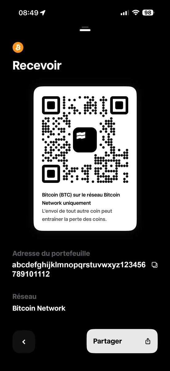 Récupérez l'adresse du portefeuille en la copiant ou via le QR Code proposé