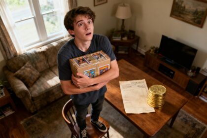 Un jeune homme debout sur une chaise serre contre lui un carton de cartes à collectionner dans un salon