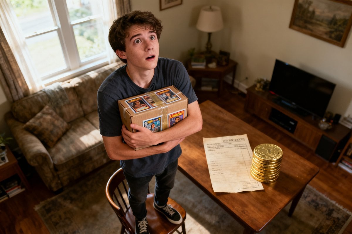 Un jeune homme debout sur une chaise serre contre lui un carton de cartes à collectionner dans un salon