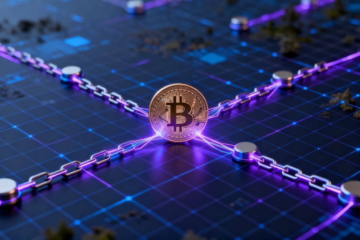 Pièce crypto au centre d'un réseau de chaînes lumineuses reliant plusieurs nœuds blockchain