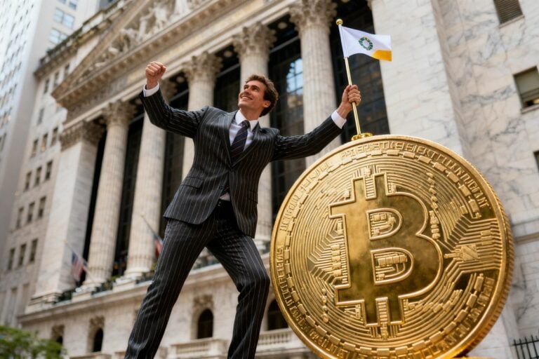 Un homme en costume rayé, bras levé, plante un drapeau sur une pièce de bitcoin géante devant une Bourse à colonnes.