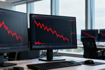 Poste de travail d'analyste financier avec des écrans affichant des courbes boursières en baisse
