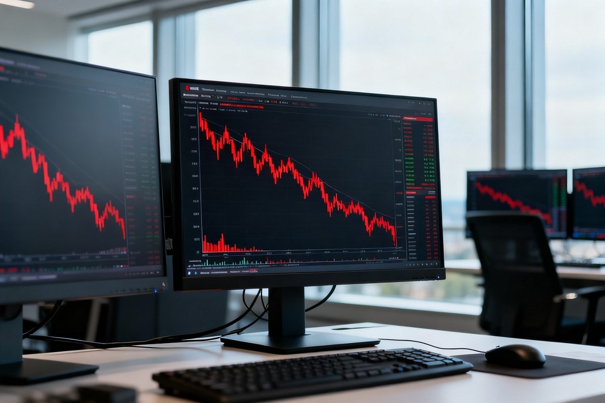 Poste de travail d'analyste financier avec des écrans affichant des courbes boursières en baisse