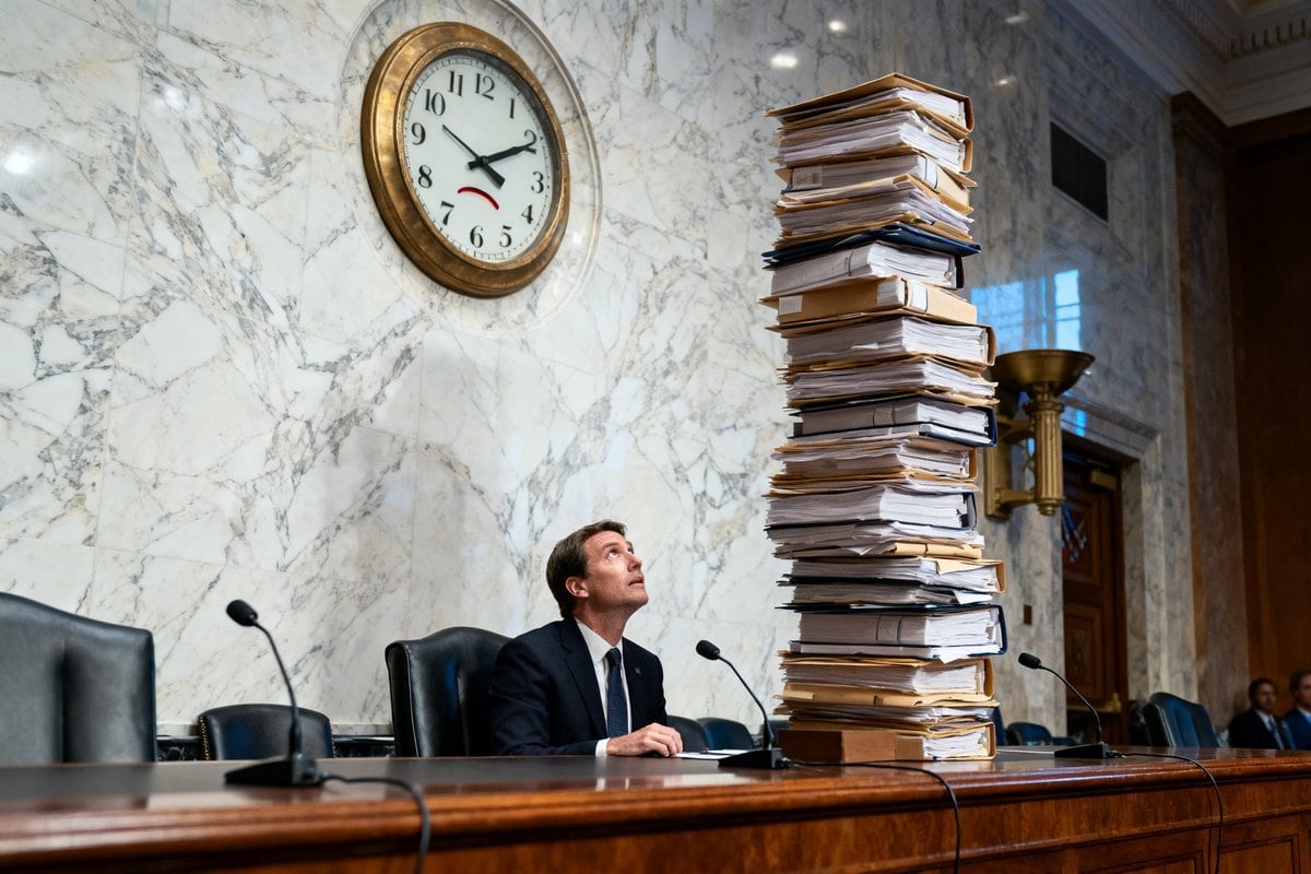 Un homme en costume assis à un pupitre d'audition lève les yeux vers une horloge murale, à côté d'une haute pile de dossiers