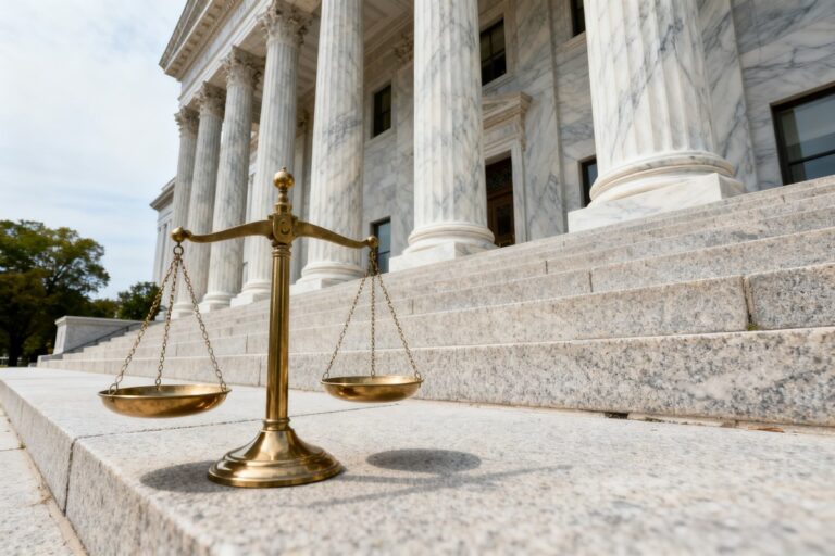 Une balance de la justice en laiton devant les colonnes de marbre d'un palais de justice.
