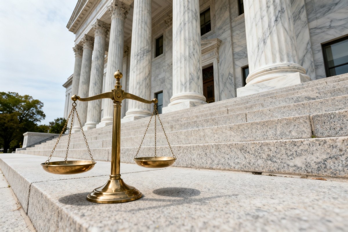 Une balance de la justice en laiton devant les colonnes de marbre d'un palais de justice.