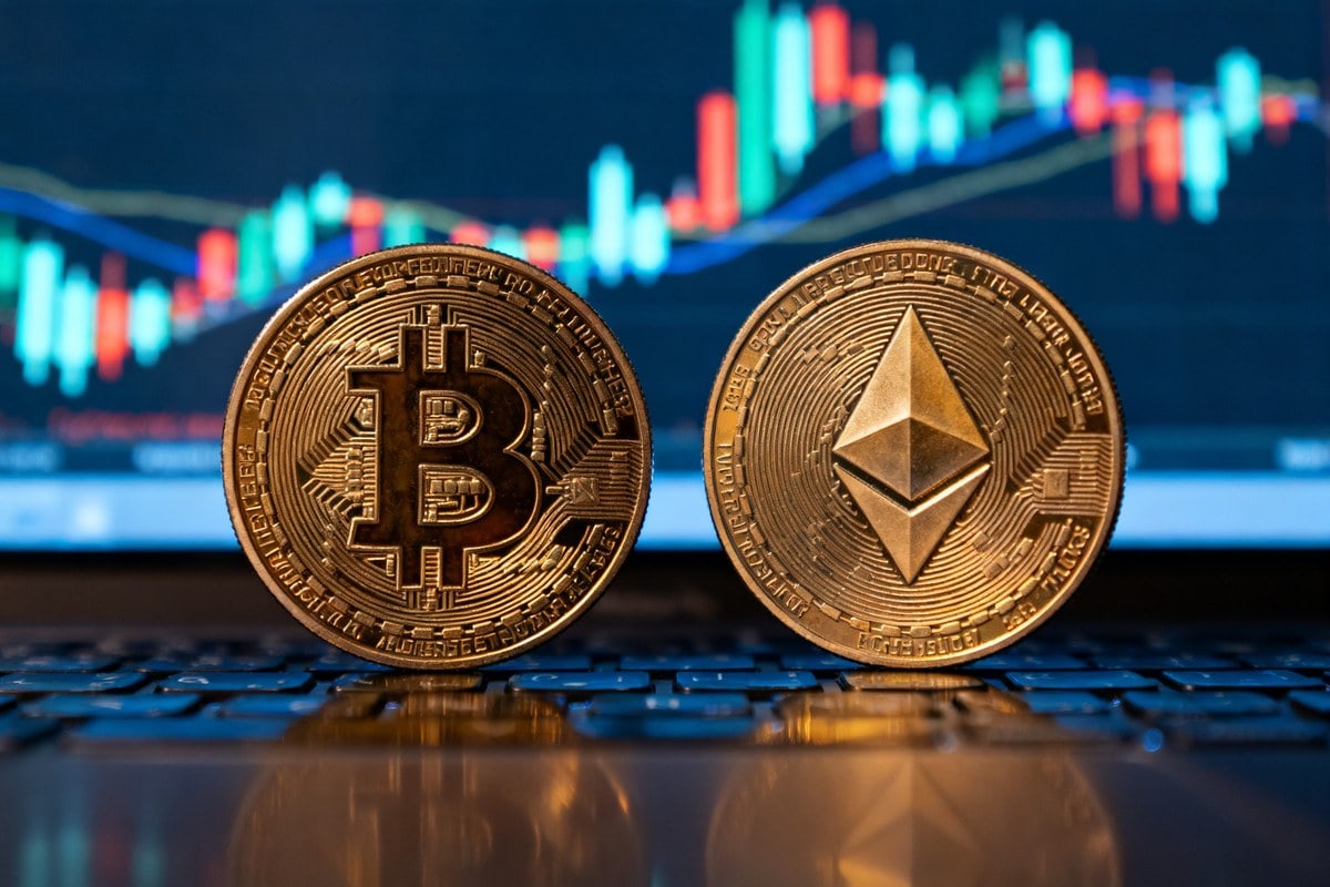 Pièce de bitcoin et pièce d'ethereum posées sur un clavier, graphique en chandeliers flou en arrière-plan