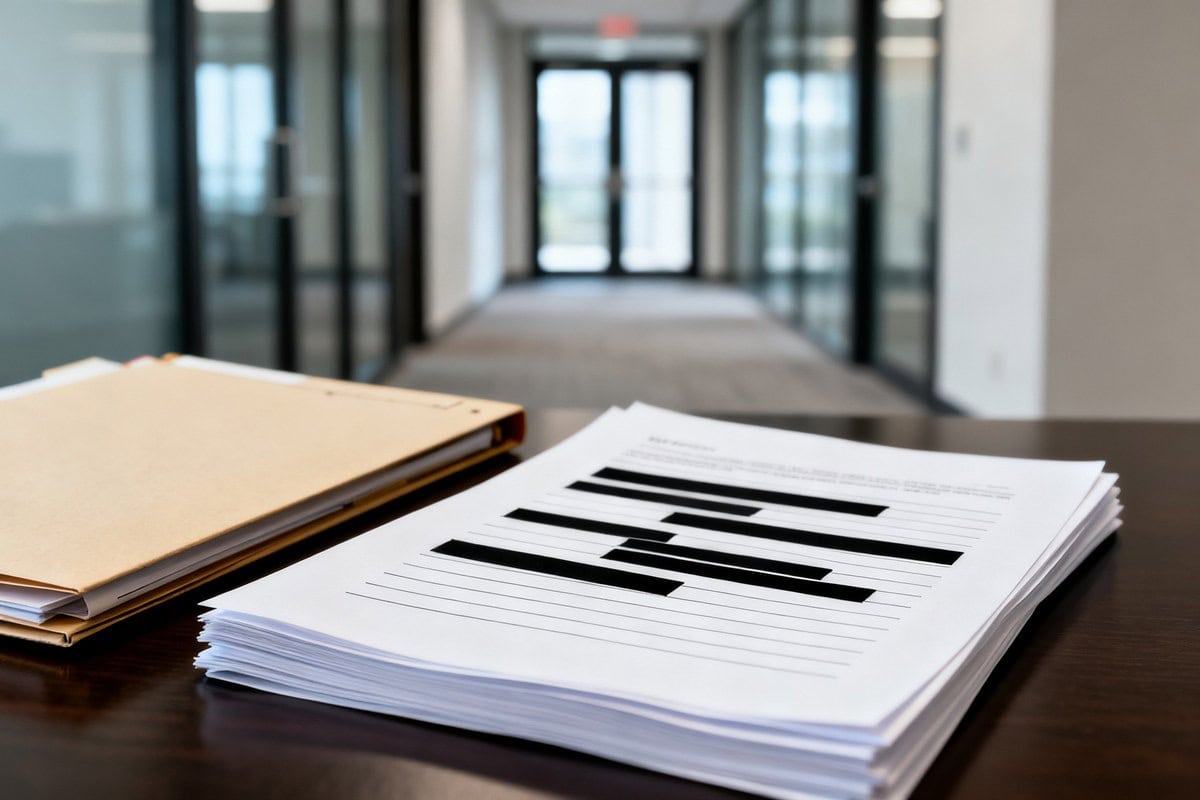 Pile de documents imprimés couverts de larges bandes noires de censure, près de chemises kraft sur un bureau sombre