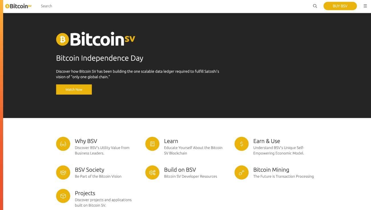 Page d'accueil du site officiel de Bitcoin SV en 2021