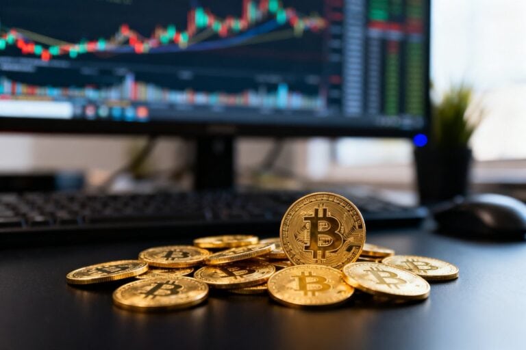 Pièces de cryptomonnaie dorées posées sur un bureau devant un écran de cours