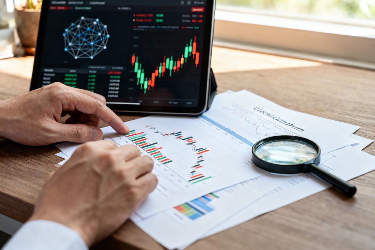 Mains sur des graphiques boursiers imprimés, tablette affichant un réseau blockchain et une loupe posée sur des documents.