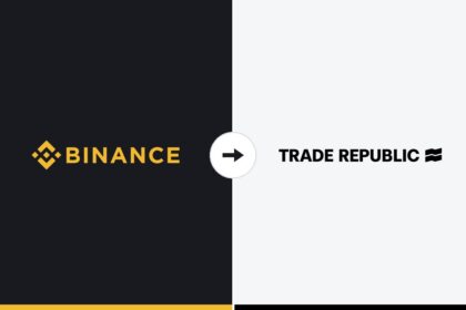 Logos de Binance et de Trade Republic côte à côte, reliés par une flèche de transfert.
