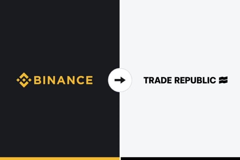 Logos de Binance et de Trade Republic côte à côte, reliés par une flèche de transfert.