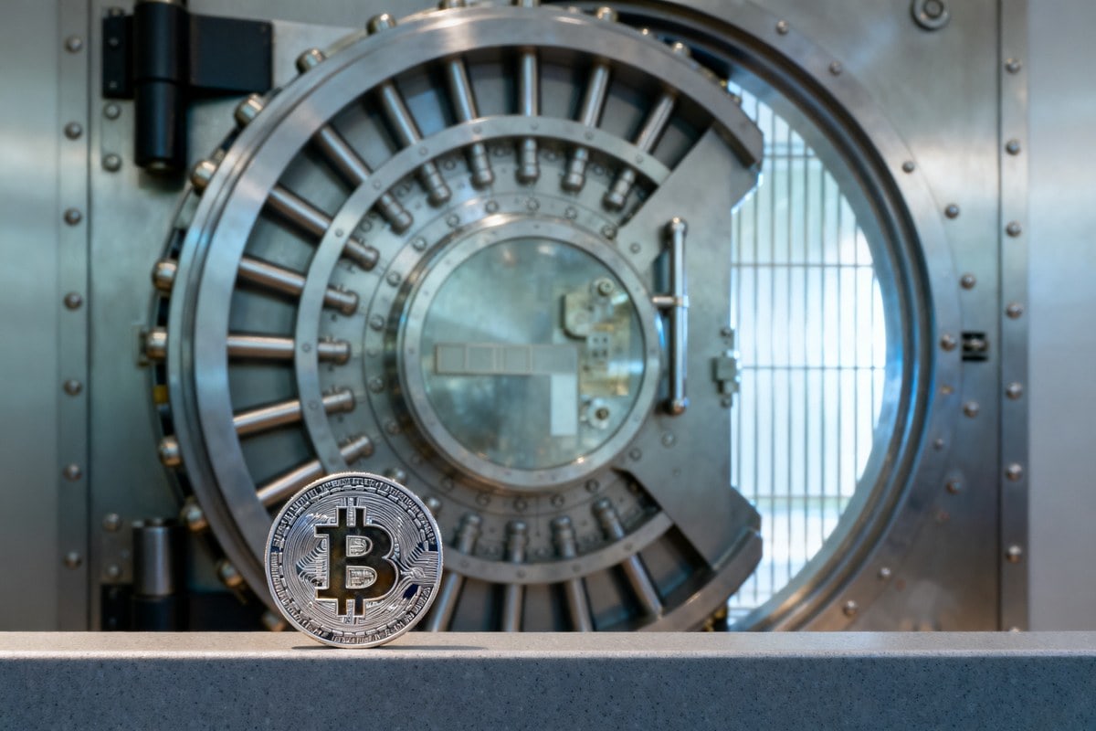 Pièce métallique frappée du symbole du bitcoin posée devant une porte de coffre-fort bancaire en acier