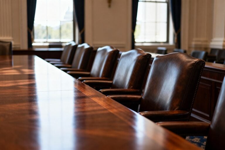 Salle de réunion officielle vide à Washington avec une longue table en bois et des fauteuils en cuir