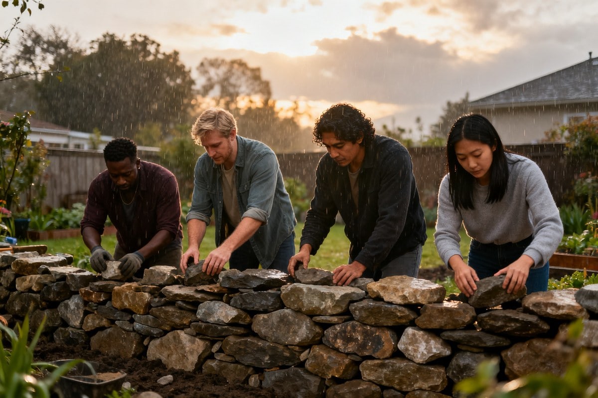 Un groupe de personnes construit ensemble un muret de pierres sèches dans un jardin sous un ciel gris.