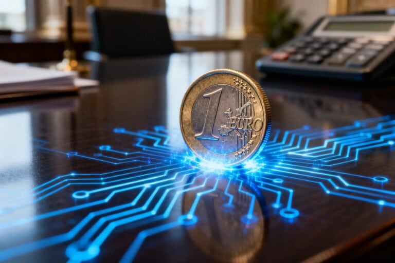Pièce en euro fusionnant avec des circuits numériques lumineux sur un bureau bancaire