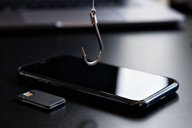 Hameçon métallique suspendu au-dessus d'un smartphone éteint posé sur un bureau noir, près d'un petit boîtier