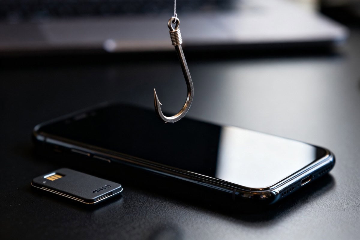 Hameçon métallique suspendu au-dessus d'un smartphone éteint posé sur un bureau noir, près d'un petit boîtier