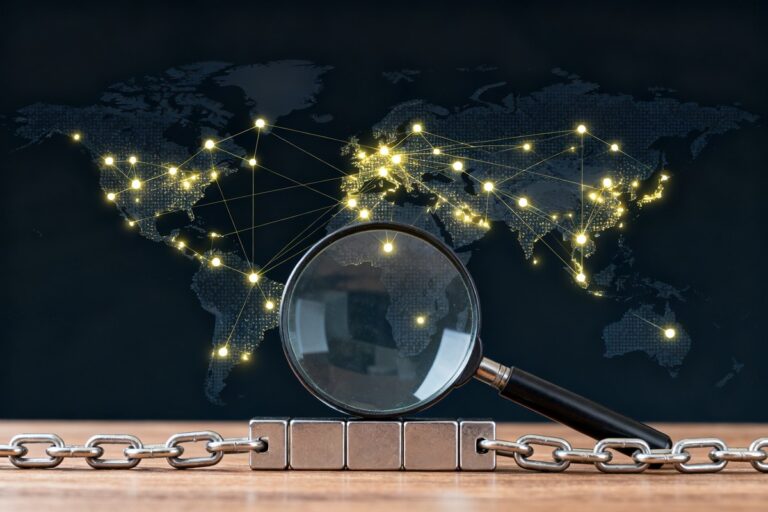 Réseau financier mondial illuminé reliant plusieurs continents, analysé à la loupe sur une carte sombre