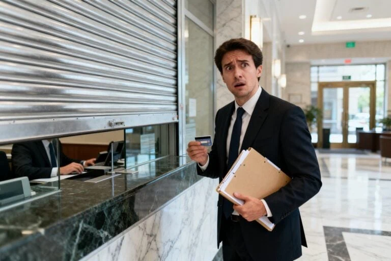 Un homme en costume, carte et dossiers en main, l'air stupéfait devant un guichet de banque au rideau métallique baissé