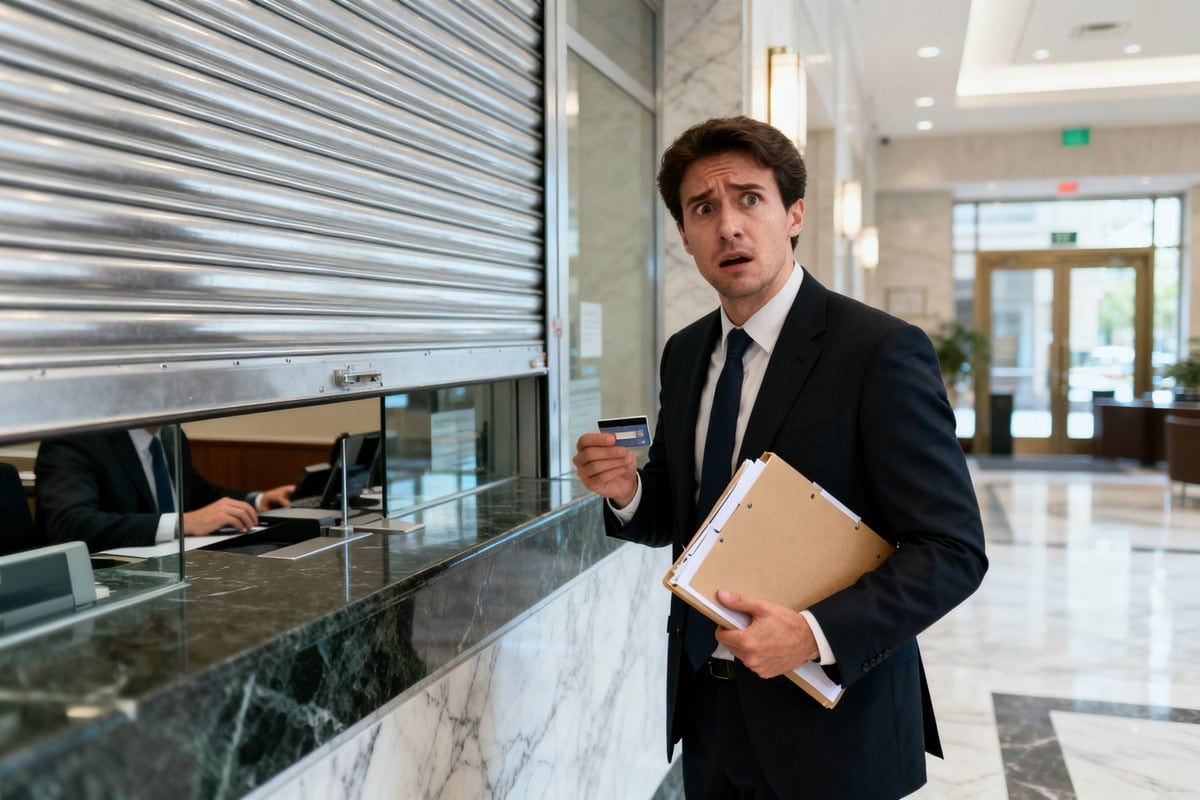 Un homme en costume, carte et dossiers en main, l'air stupéfait devant un guichet de banque au rideau métallique baissé