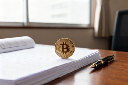 Pièce de bitcoin dorée posée sur une épaisse liasse de documents, stylo plume à côté, sur un bureau en bois