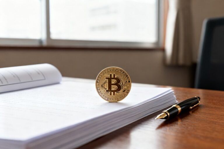 Pièce de bitcoin dorée posée sur une épaisse liasse de documents, stylo plume à côté, sur un bureau en bois