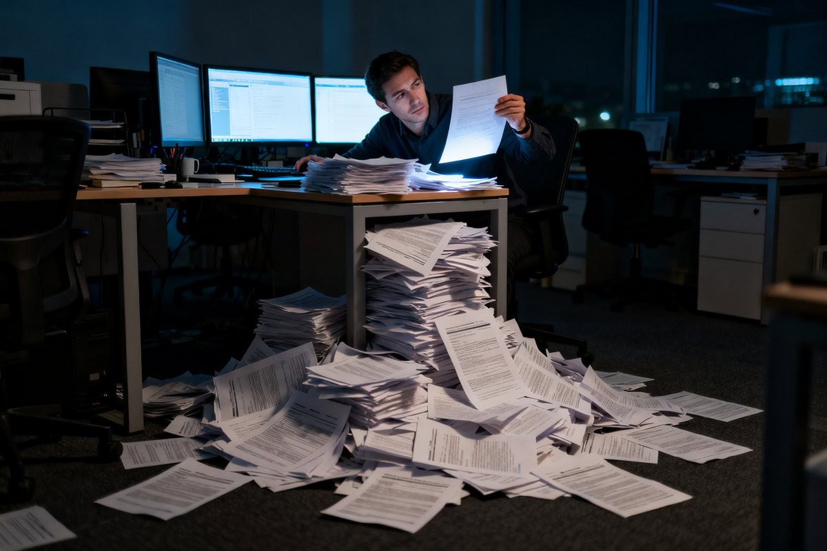 Un chercheur en sécurité examine une feuille unique, assis devant une pile de rapports imprimés qui l'engloutit